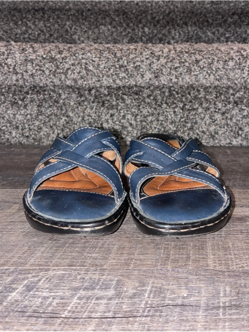 Born Womens Navy Blue Leather Strappy Wedge Slide Sandals W4046 - size 8